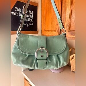 vintage Coach Soho buckle flap shoulder bag in a pale green with matchingwallet